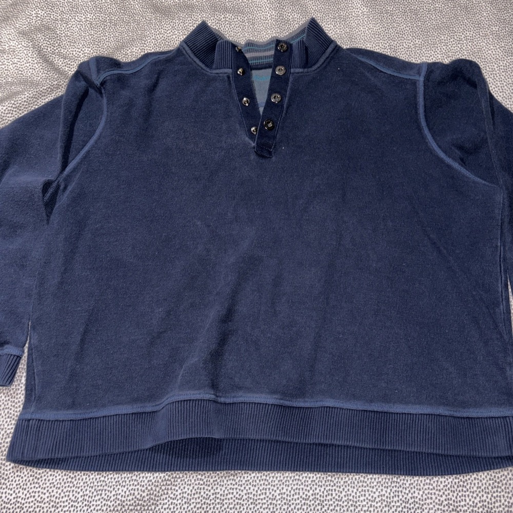 Tommy Bahama Sweater Blue Mock Neck Henley Cotton XXL RUNS SMALL See Measurement